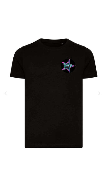 Black T-shirt with logos front and back