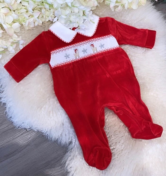 Reindeer red velour babygrow