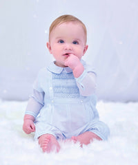 Sarah Louise baby blue smocked romper and cap