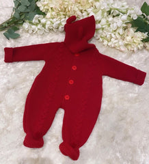 Red knitted baby romper with ears