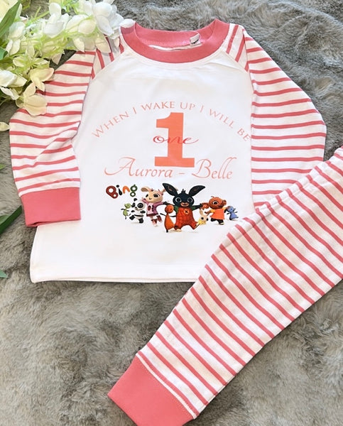 Personalised Girls pink stripe pjs