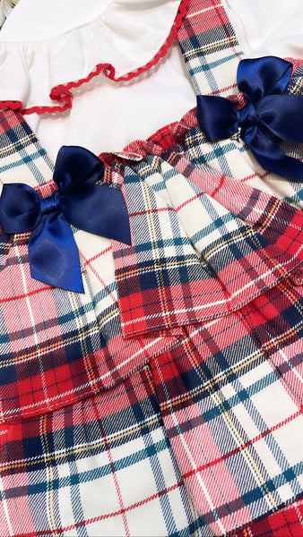 Tartan 2 piece romper dress  with navy bows