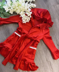 Red velvet dressing gown with Lace detail