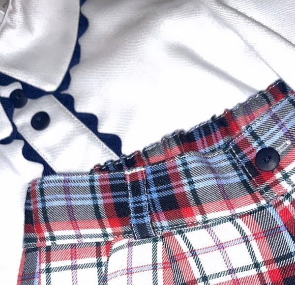 Blue and red checkered shorts with traditional shirt