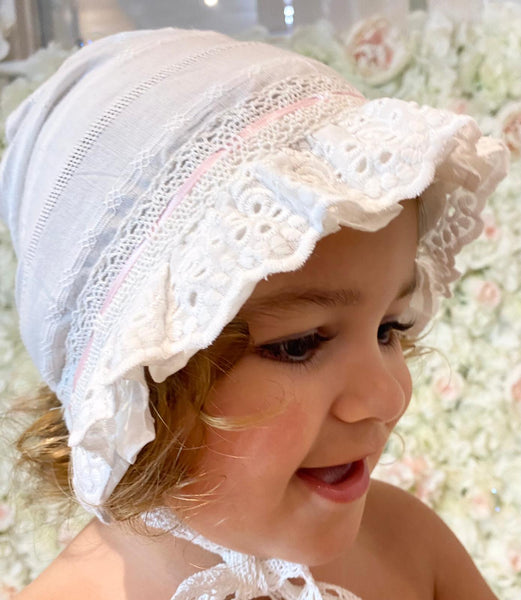 Pink and white lace detailed bonnet