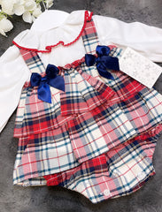 Tartan 2 piece romper dress  with navy bows