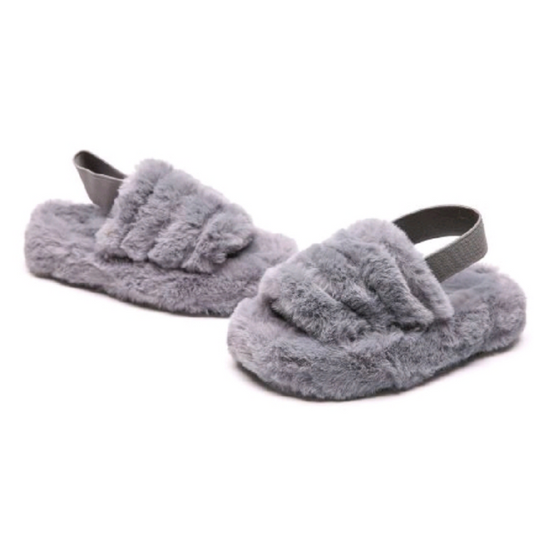 Grey fluffy slippers elastocated back